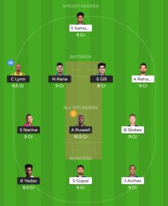 Match 43 KKR vs RR Dream11 Team