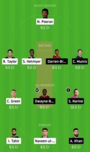 CPL 2020 Match 16 GAW vs TKR Dream11 Team