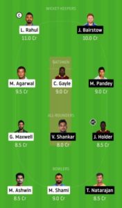 KXIP vs SRH Dream11 Team