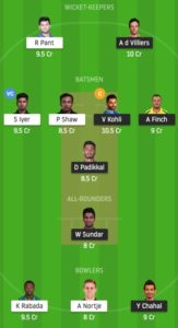 RCB vs DC Dream11 Team