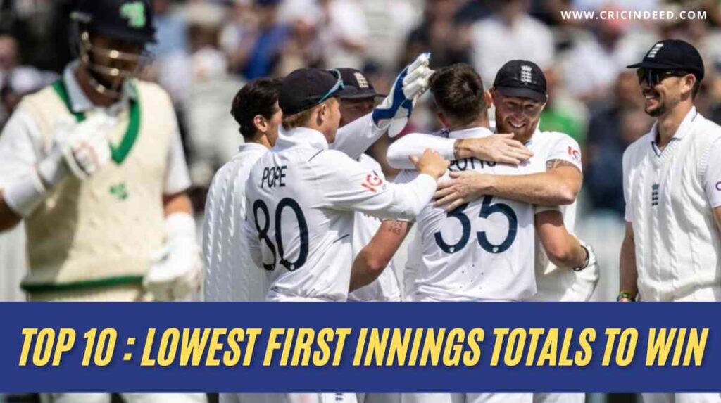 lowest first innings total to win a test match