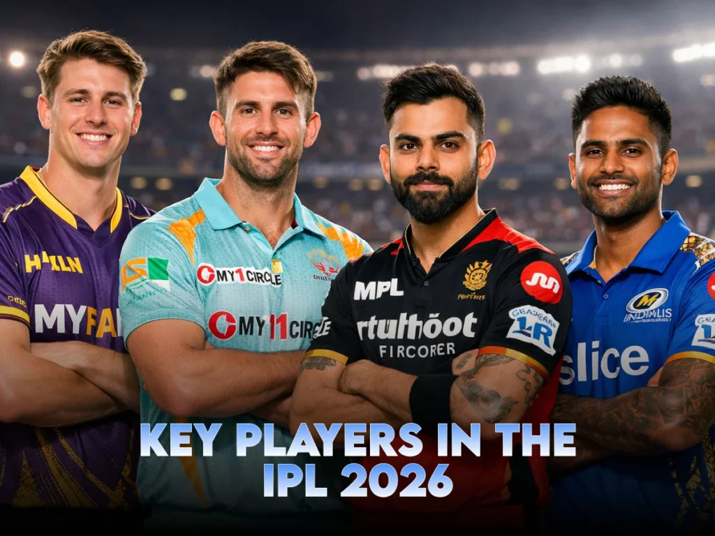 Key players in the IPL 2026 featuring stars from KKR, LSG, RCB, and MI posing together in a packed cricket stadium.