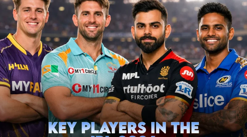 Key players in the IPL 2026 featuring stars from KKR, LSG, RCB, and MI posing together in a packed cricket stadium.