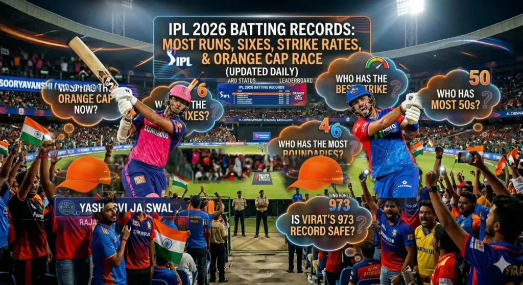 IPL 2026 Batting Records leaderboard showing audience questions about Orange Cap, most sixes, and highest strike rate in a crowded stadium