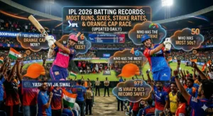 IPL 2026 Batting Records leaderboard showing audience questions about Orange Cap, most sixes, and highest strike rate in a crowded stadium