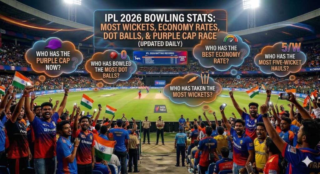 IPL 2026 Bowling Stats header featuring a cheering stadium crowd with thought bubbles asking about the Purple Cap holder, most wickets, and best economy rate.