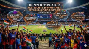 IPL 2026 Bowling Stats header featuring a cheering stadium crowd with thought bubbles asking about the Purple Cap holder, most wickets, and best economy rate.