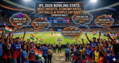 IPL 2026 Bowling Stats header featuring a cheering stadium crowd with thought bubbles asking about the Purple Cap holder, most wickets, and best economy rate.