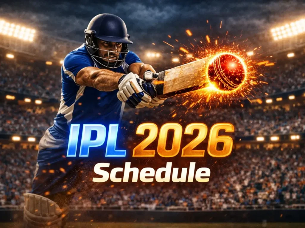 IPL 2026 schedule poster featuring a batsman striking a glowing cricket ball with sparks in a floodlit stadium