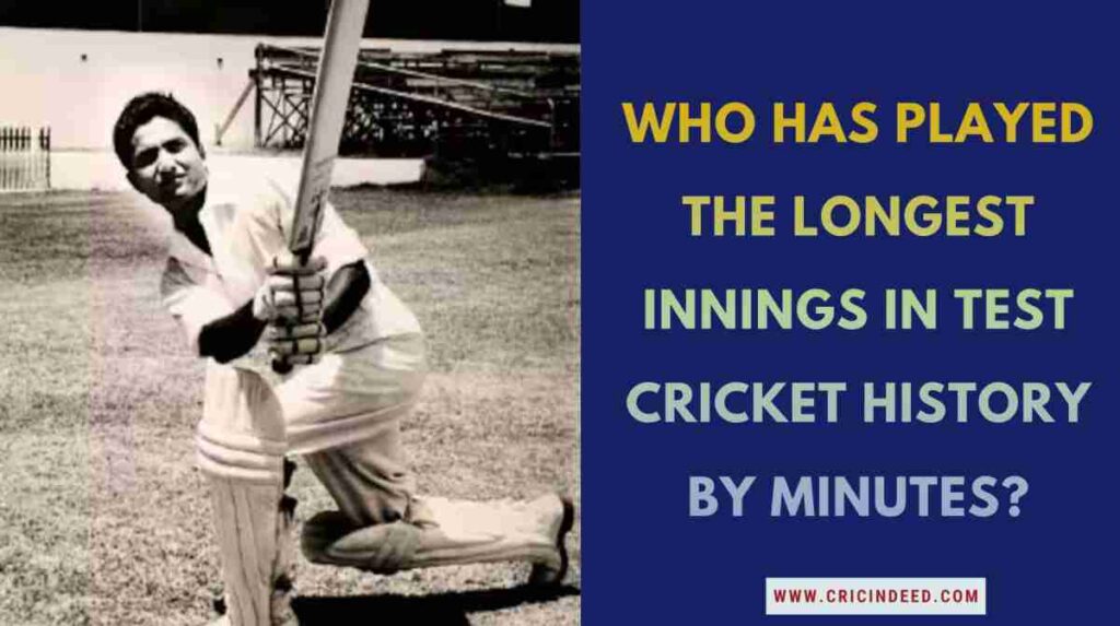 Infographic asking "Who has played the longest innings in Test cricket history by minutes?" featuring Hanif Mohammad.