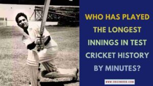Infographic asking "Who has played the longest innings in Test cricket history by minutes?" featuring Hanif Mohammad.