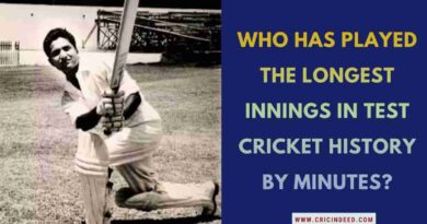 Infographic asking "Who has played the longest innings in Test cricket history by minutes?" featuring Hanif Mohammad.