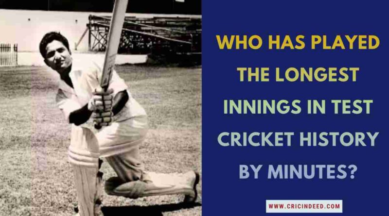 Infographic asking "Who has played the longest innings in Test cricket history by minutes?" featuring Hanif Mohammad.