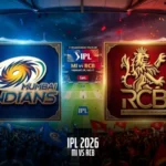 IPL 2026 match between Mumbai Indians (MI) and Royal Challengers Bangalore (RCB), with their respective team logos displayed. The image shows a lively stadium with fans holding flags, and the match details 'IPL 2026 - MI vs RCB' at the bottom.