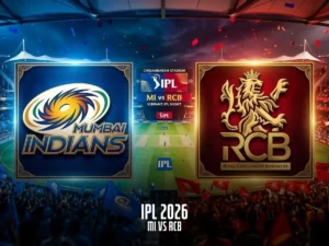 IPL 2026 match between Mumbai Indians (MI) and Royal Challengers Bangalore (RCB), with their respective team logos displayed. The image shows a lively stadium with fans holding flags, and the match details 'IPL 2026 - MI vs RCB' at the bottom.