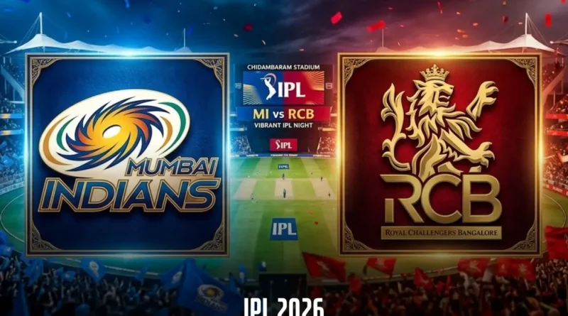 RCB vs MI Head-to-Head Record in IPL IPL 2026 match between Mumbai Indians (MI) and Royal Challengers Bangalore (RCB), with their respective team logos displayed. The image shows a lively stadium with fans holding flags, and the match details 'IPL 2026 - MI vs RCB' at the bottom.
