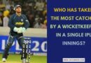 Kumar Sangakkara keeping wickets for Deccan Chargers in an IPL match; text overlay asking "Who has taken the most catches by a wicketkeeper in a single IPL innings?