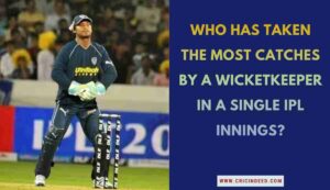 Kumar Sangakkara keeping wickets for Deccan Chargers in an IPL match; text overlay asking "Who has taken the most catches by a wicketkeeper in a single IPL innings?