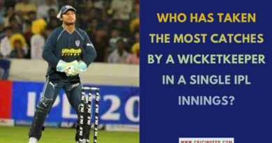 Kumar Sangakkara keeping wickets for Deccan Chargers in an IPL match; text overlay asking "Who has taken the most catches by a wicketkeeper in a single IPL innings?