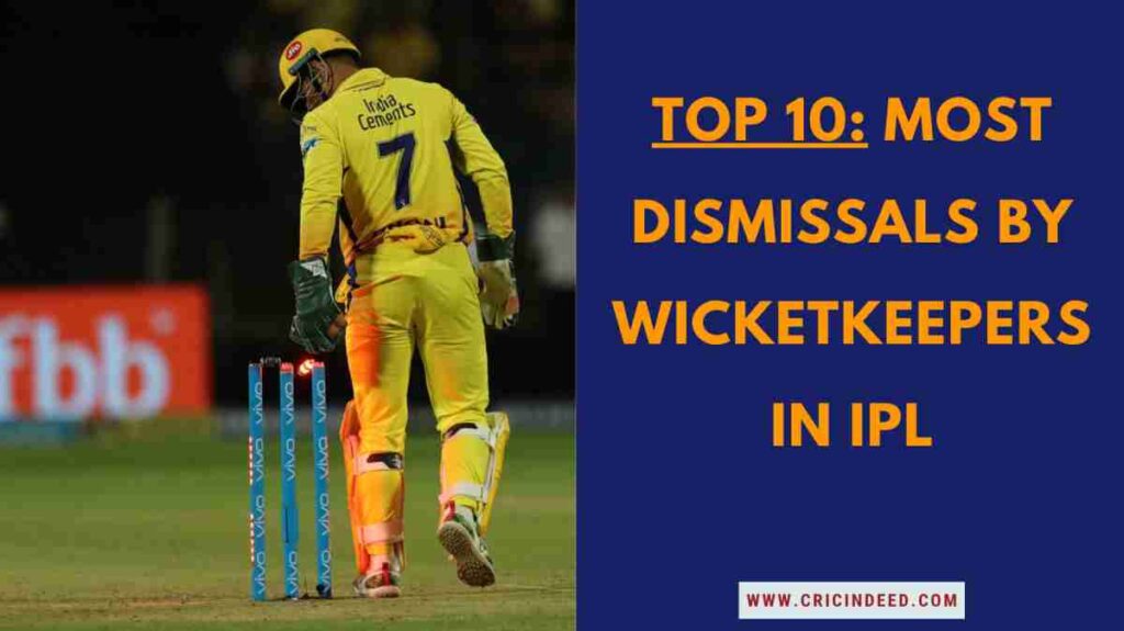 MS Dhoni in wicketkeeping gear representing the list of most dismissals by keepers in IPL history.