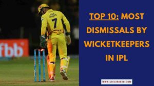MS Dhoni in wicketkeeping gear representing the list of most dismissals by keepers in IPL history.