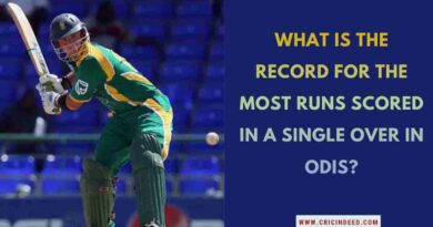 Cover image for "What is the record for the most runs scored in a single over in ODIs?" featuring Herschelle Gibbs batting.