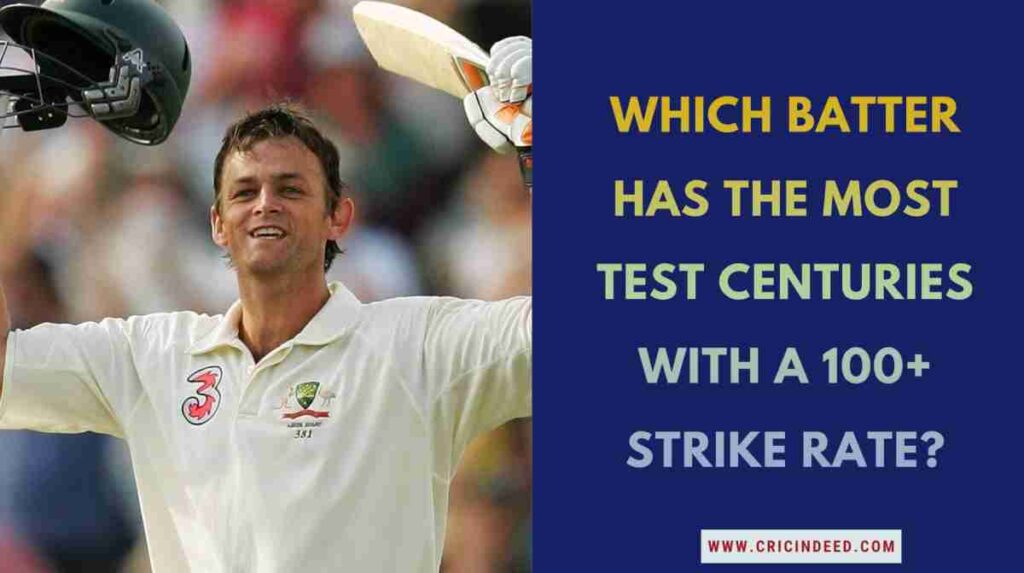 Blog cover asking "Which batter has the most Test centuries with a 100+ strike rate?" with an image of Adam Gilchrist celebrating.