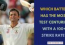 Blog cover asking "Which batter has the most Test centuries with a 100+ strike rate?" with an image of Adam Gilchrist celebrating.
