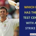 Blog cover asking "Which batter has the most Test centuries with a 100+ strike rate?" with an image of Adam Gilchrist celebrating.