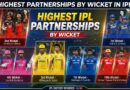 A professional sports infographic titled "Highest IPL Partnerships by Wicket" featuring various player pairs like Kohli and De Villiers, Rahul and De Kock, and others representing different wicket records in the IPL.
