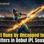 A dynamic, explosive photograph of a male cricketer wearing an Indian flag helmet and a blue and yellow uniform, powerfully hitting a cricket ball that creates a trail of fire and sparks in a packed stadium at dusk. The Cricindeed logo is visible at the top left, and the text "Most Runs by Uncapped Indian Batters in Debut IPL Season" is in a bold title at the bottom.