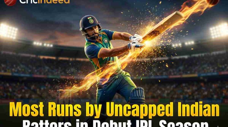 A dynamic, explosive photograph of a male cricketer wearing an Indian flag helmet and a blue and yellow uniform, powerfully hitting a cricket ball that creates a trail of fire and sparks in a packed stadium at dusk. The Cricindeed logo is visible at the top left, and the text "Most Runs by Uncapped Indian Batters in Debut IPL Season" is in a bold title at the bottom.