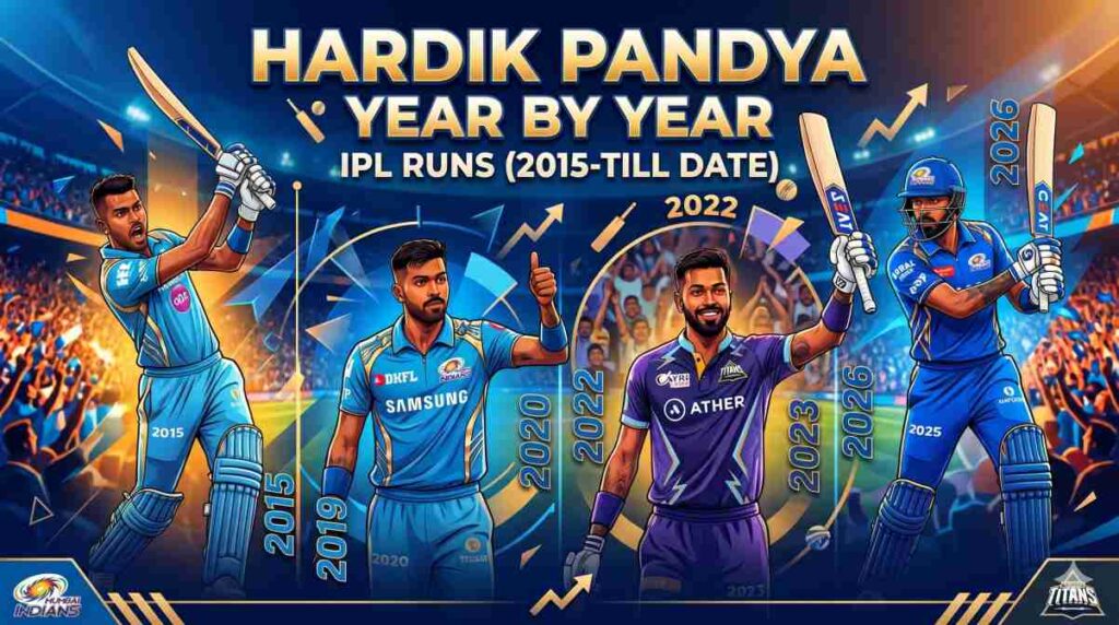 A statistical cover image illustrating Hardik Pandya's IPL career journey from 2015 to the present day, showing his run-scoring evolution across different seasons while playing for Mumbai Indians and Gujarat Titans.