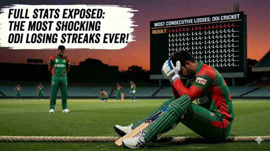 A dejected cricket player in green and red Bangladesh attire sits on the boundary rope of a large cricket stadium at dusk, head in his hands, after a defeat. A stadium scoreboard behind him shows "MOST CONSECUTIVE LOSSES: ODI CRICKET" with a long, repetitive list of consecutive "L" (for Loss) results. Large text on the left in a stylized painted box reads "FULL STATS EXPOSED: THE MOST SHOCKING ODI LOSING STREAKS EVER!". Other defeated-looking players are scattered in the background.