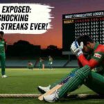 A dejected cricket player in green and red Bangladesh attire sits on the boundary rope of a large cricket stadium at dusk, head in his hands, after a defeat. A stadium scoreboard behind him shows "MOST CONSECUTIVE LOSSES: ODI CRICKET" with a long, repetitive list of consecutive "L" (for Loss) results. Large text on the left in a stylized painted box reads "FULL STATS EXPOSED: THE MOST SHOCKING ODI LOSING STREAKS EVER!". Other defeated-looking players are scattered in the background.