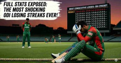 A dejected cricket player in green and red Bangladesh attire sits on the boundary rope of a large cricket stadium at dusk, head in his hands, after a defeat. A stadium scoreboard behind him shows "MOST CONSECUTIVE LOSSES: ODI CRICKET" with a long, repetitive list of consecutive "L" (for Loss) results. Large text on the left in a stylized painted box reads "FULL STATS EXPOSED: THE MOST SHOCKING ODI LOSING STREAKS EVER!". Other defeated-looking players are scattered in the background.