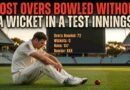 Infographic for 'Most Overs Bowled Without a Wicket in a Test Innings'. A dejected cricketer sits on the pitch with a scoreboard showing the record stats (72-0-137)