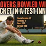 Infographic for 'Most Overs Bowled Without a Wicket in a Test Innings'. A dejected cricketer sits on the pitch with a scoreboard showing the record stats (72-0-137)