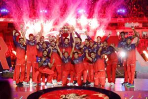 Dynamic digital illustration for CricIndeed IPL 2026 review, featuring a stylized young Indian cricketer lifting a T20 championship trophy against a packed, vibrant stadium background.