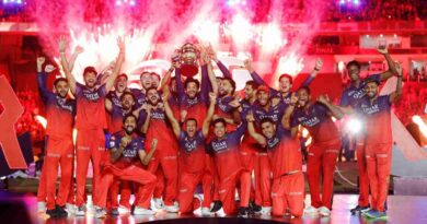 Dynamic digital illustration for CricIndeed IPL 2026 review, featuring a stylized young Indian cricketer lifting a T20 championship trophy against a packed, vibrant stadium background.
