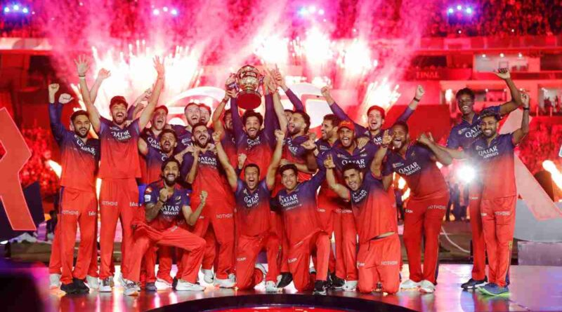 Dynamic digital illustration for CricIndeed IPL 2026 review, featuring a stylized young Indian cricketer lifting a T20 championship trophy against a packed, vibrant stadium background.