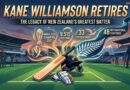 An illustrated graphic celebrating the retirement of Kane Williamson, showing a cricket bat, a New Zealand cricket helmet, and a silver fern. The background displays his career statistics, including 9,515 Test runs, 33 Test centuries, 48 international centuries, and his 2021 World Test Championship victory, with the cricindeed.com logo in the top right corner.