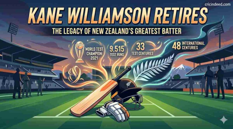 Kane Williamson Retires: The Numbers Behind New Zealand’s Greatest Cricketer An illustrated graphic celebrating the retirement of Kane Williamson, showing a cricket bat, a New Zealand cricket helmet, and a silver fern. The background displays his career statistics, including 9,515 Test runs, 33 Test centuries, 48 international centuries, and his 2021 World Test Championship victory, with the cricindeed.com logo in the top right corner.